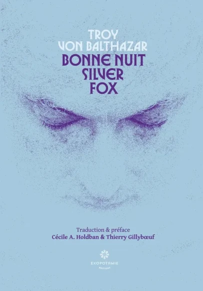 Blue & violet book cover with the name in white, the title in violet and the face of the artist from above, the eyes closed.